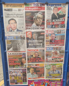 News stand in Lima with newspapers heralding the death of ex-President Alberto Fujimori